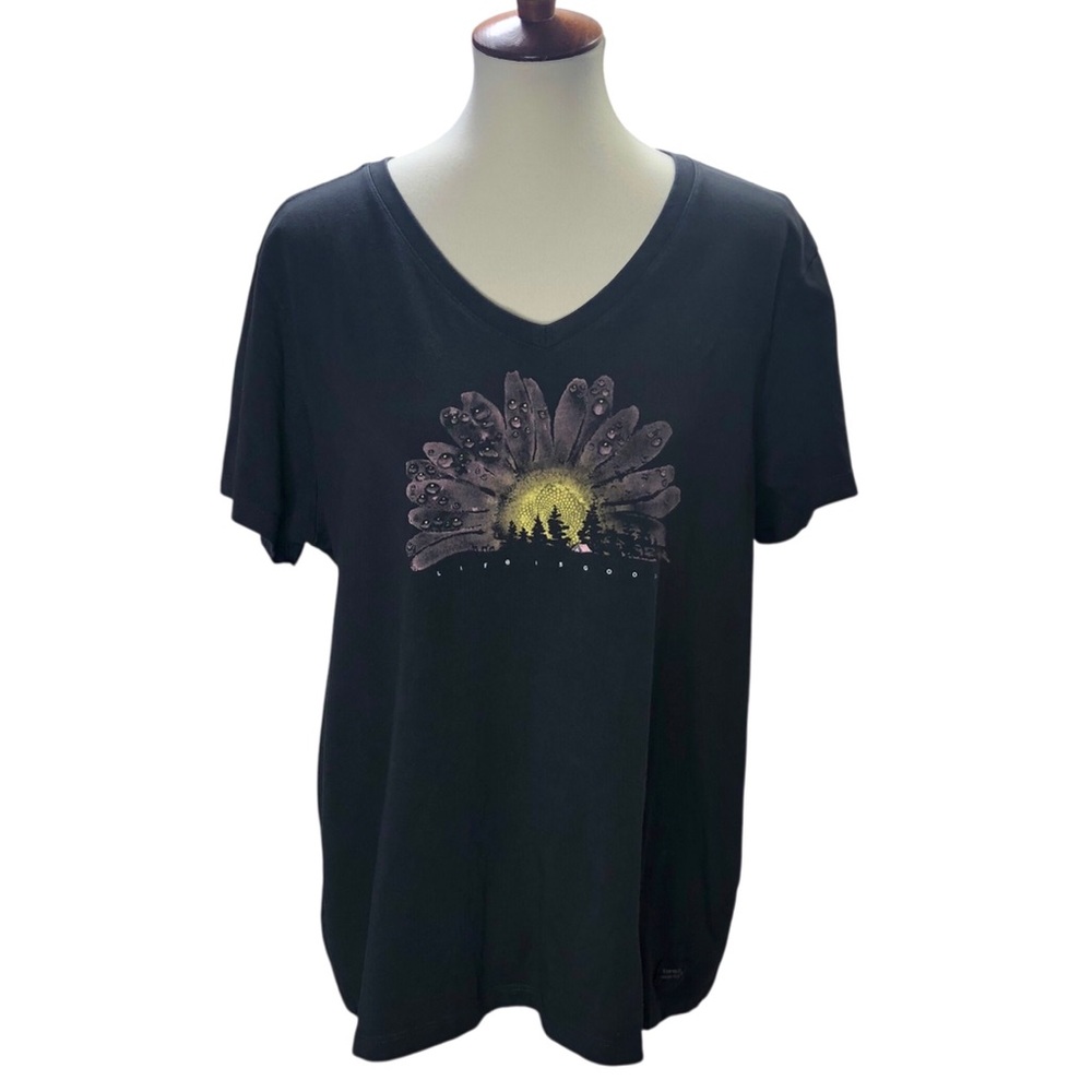 Life Is Good Womens T Shirt Sz XL Grey V Neck Boho Camping Gorpcore Casual Top